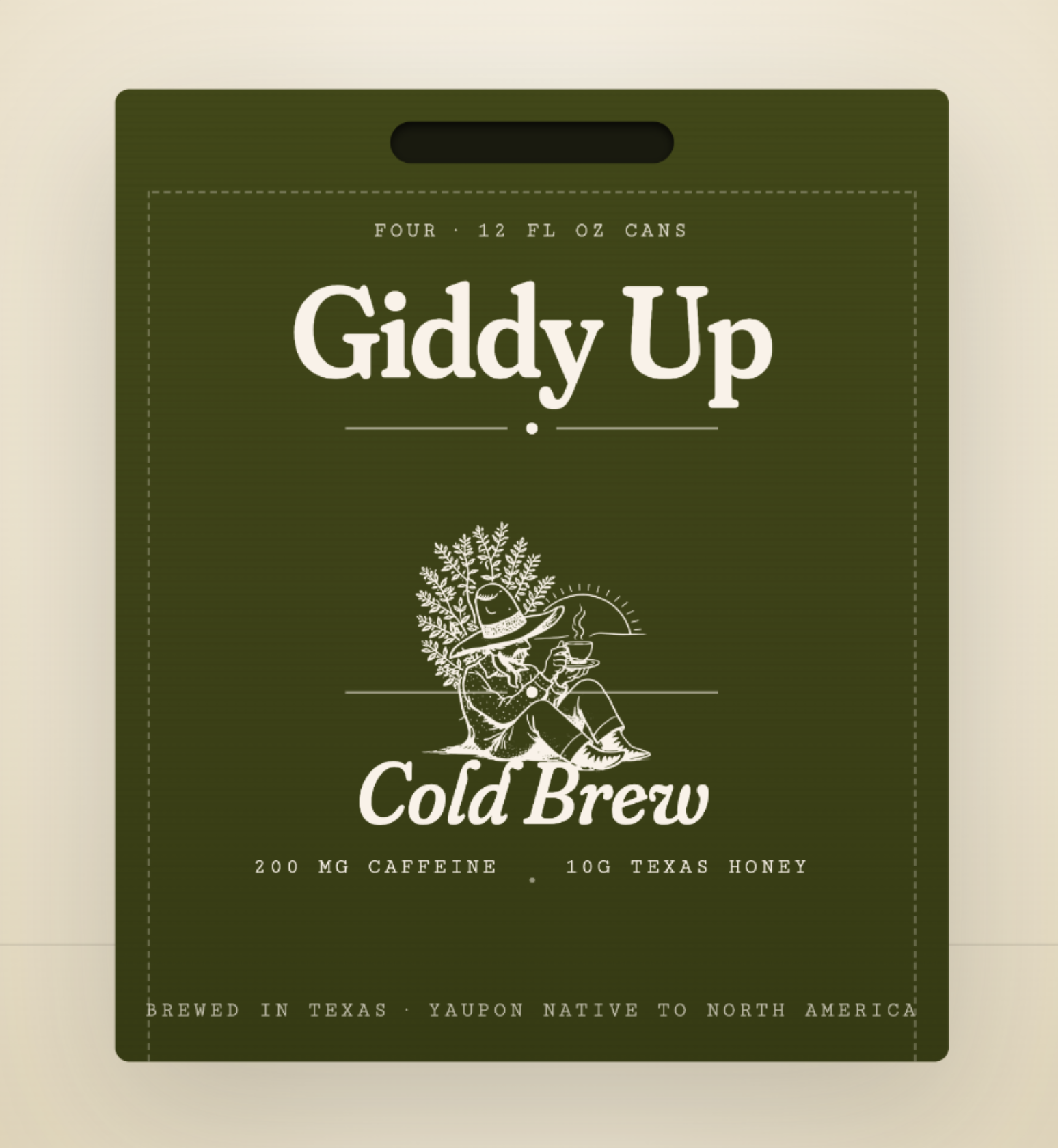 Giddy Up Cold Brew four-pack — olive carrier with cream typography and cowboy illustration