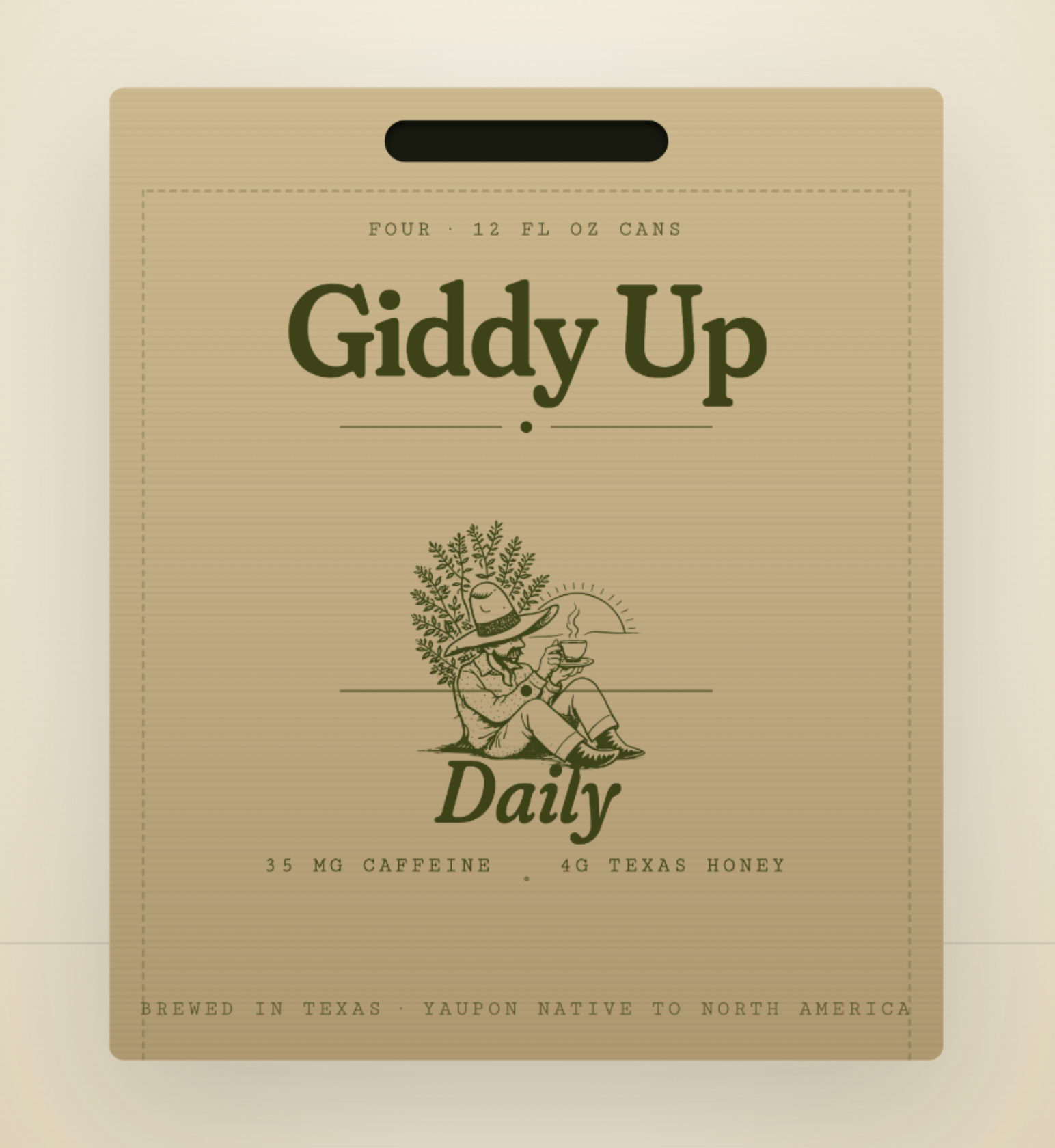 Giddy Up Daily four-pack — sand-tone carrier with olive typography and cowboy illustration
