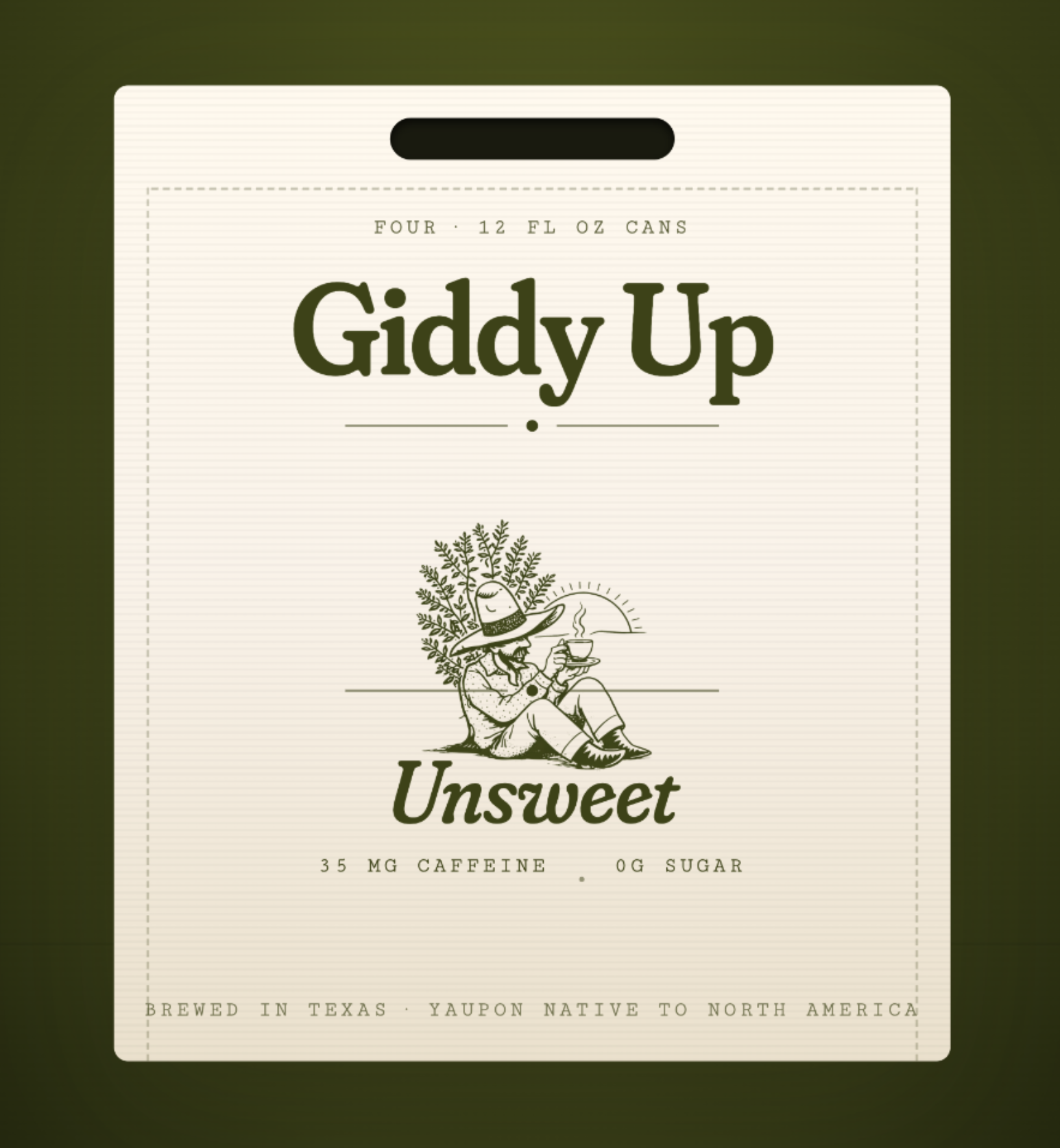 Giddy Up Unsweet four-pack — cream carrier with olive typography and cowboy illustration