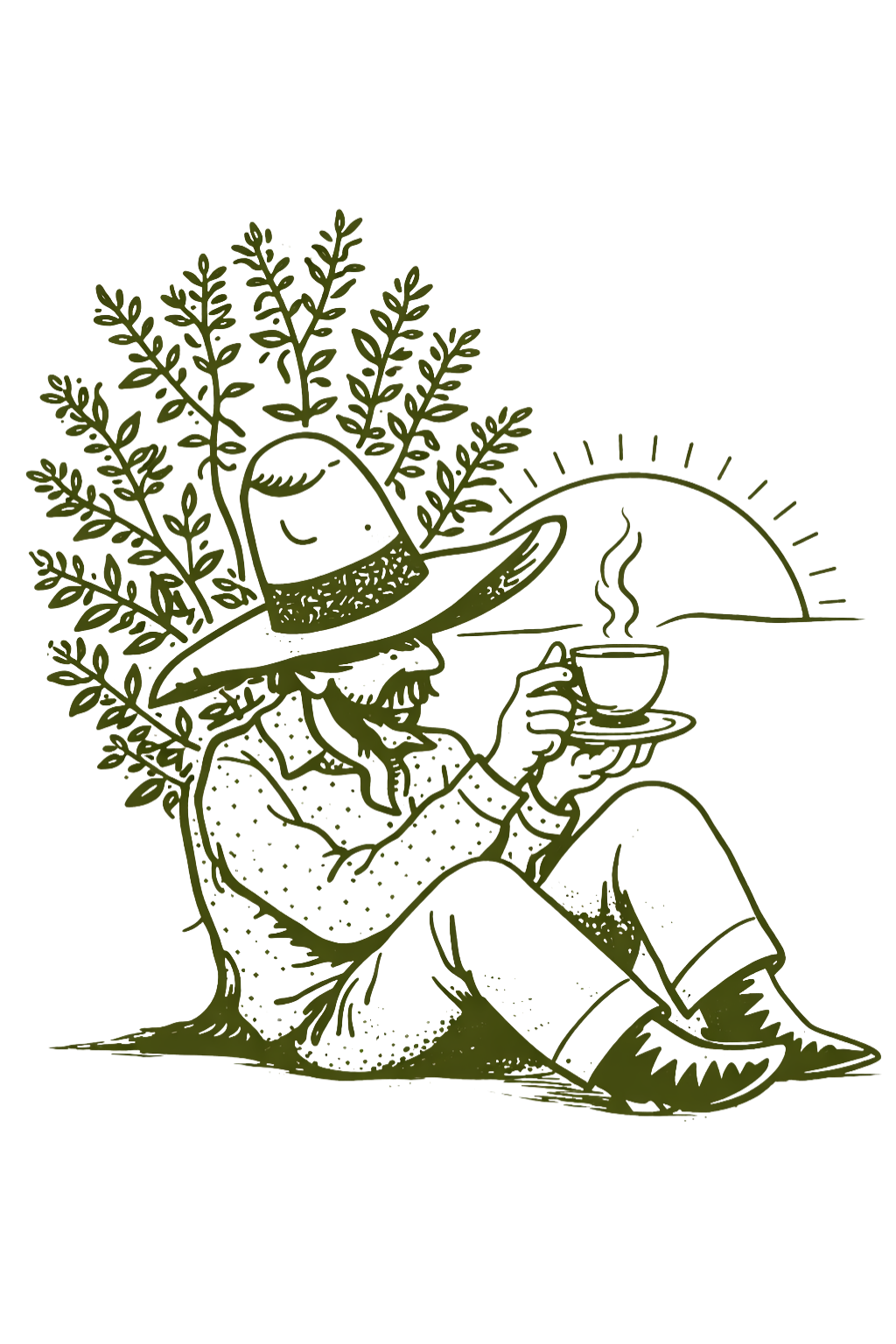 A cowboy seated under a yaupon plant, drinking a cup of yaupon tea as the sun sets over a Hill Country ridge — hand-drawn illustration in deep olive.