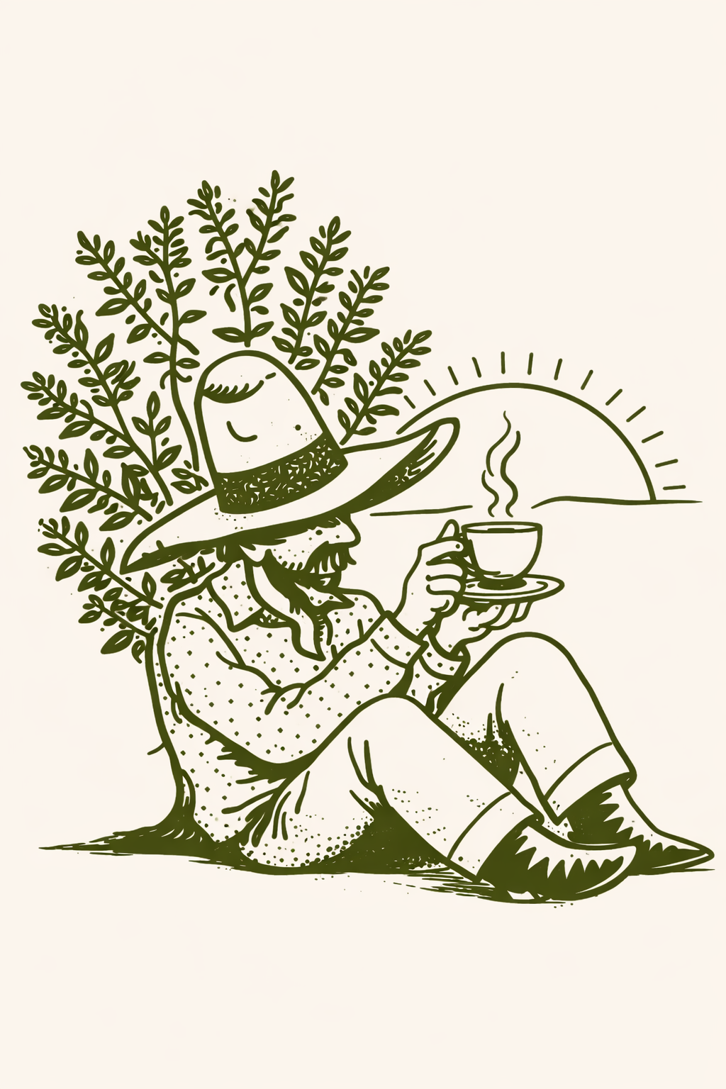 A cowboy seated under a yaupon plant, drinking a cup of yaupon tea as the sun sets over a Hill Country ridge — hand-drawn illustration in deep olive on cream.